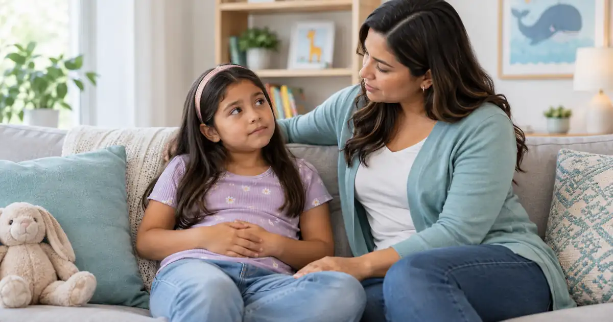 Niña de edad escolar con las manos sobre el abdomen