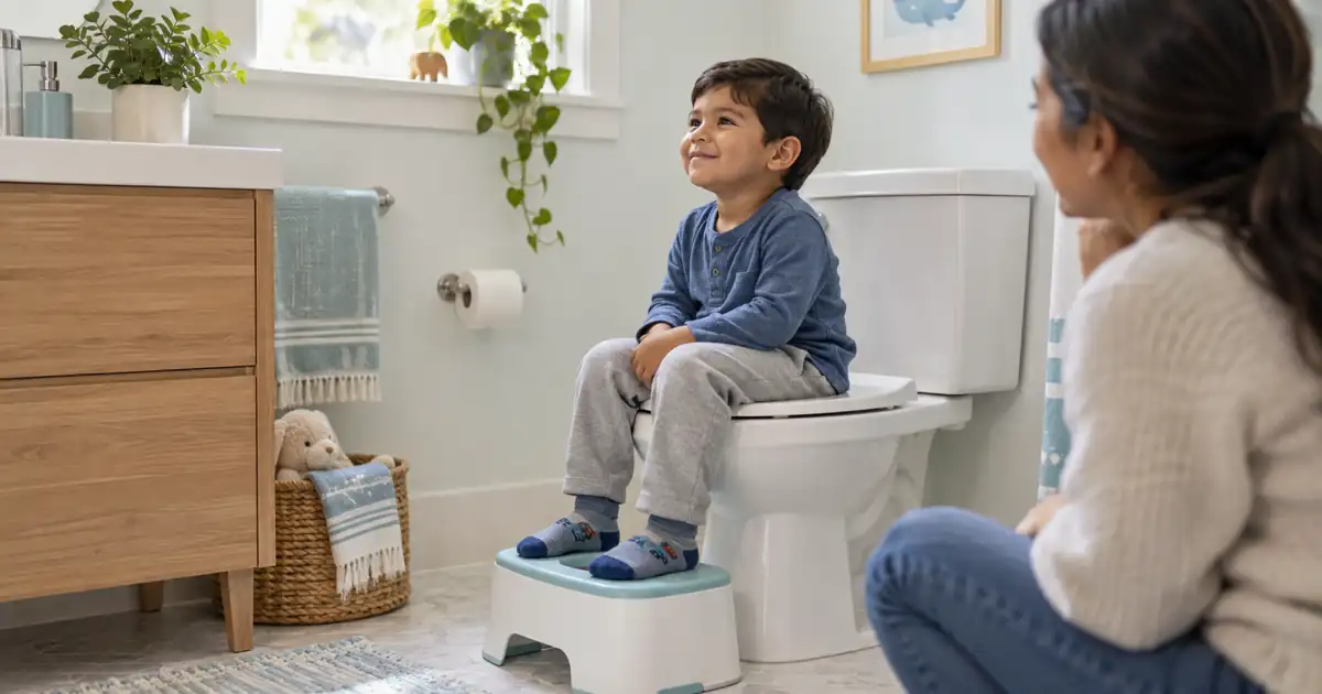Niño pequeño sentado en el inodoro con apoyo para los pies